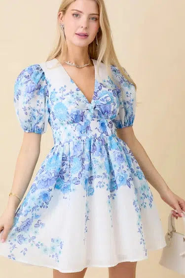 Floral Puff Sleeve Mini Dress-Bow Detail,clothing,dress,dresses,Floral Border,Floral Print,light blue,Mini Dress,Puff Sleeve,V-Neck,White,Women,women's-[option4]-[option5]-[option6]-Bella Bliss Boutique in Texas