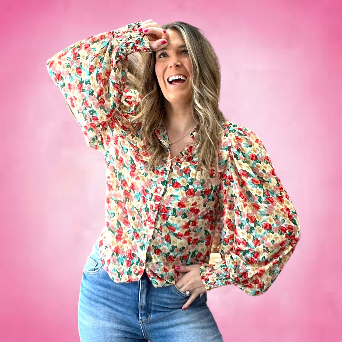 Floral Puff Sleeve Top-clothing, coral, Floral, Floral Print, Flowy Top, Smocked Cuffs, Top, Tops, Women, women's-S-[option4]-[option5]-[option6]-Bella Bliss Boutique in Texas