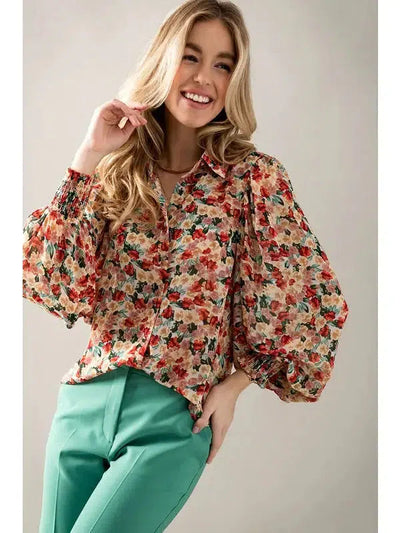 Floral Puff Sleeve Top-clothing, coral, Floral, Floral Print, Flowy Top, Smocked Cuffs, Top, Tops, Women, women's-[option4]-[option5]-[option6]-Bella Bliss Boutique in Texas