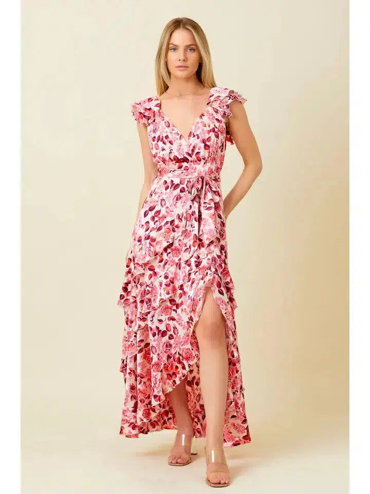 Floral Satin Maxi Dress-clothing, dress, dresses, Floral, Floral Print, Maxi Dress, Ruffle Sleeve, Satin Dress, Women, women's-[option4]-[option5]-[option6]-Bella Bliss Boutique in Texas