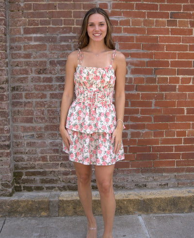 Floral Smocked Mini Dress-clothing,Cream,dress,dresses,Floral,Floral Print,Mini Dress,Pink,Pink Floral,Shirred Details,smocked,smocked Detail,Tie Front,Tiered,Tiered Hem,Tiered Ruffle Hem,Women,women's-S-[option4]-[option5]-[option6]-Bella Bliss Boutique in Texas
