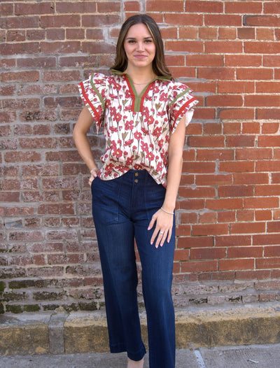 Floral Tiered Flutter Sleeve Top-clothing,Floral,Puff Sleeve,Ruffle Sleeve,Tops,V-Neck,Women,women's-S-[option4]-[option5]-[option6]-Bella Bliss Boutique in Texas