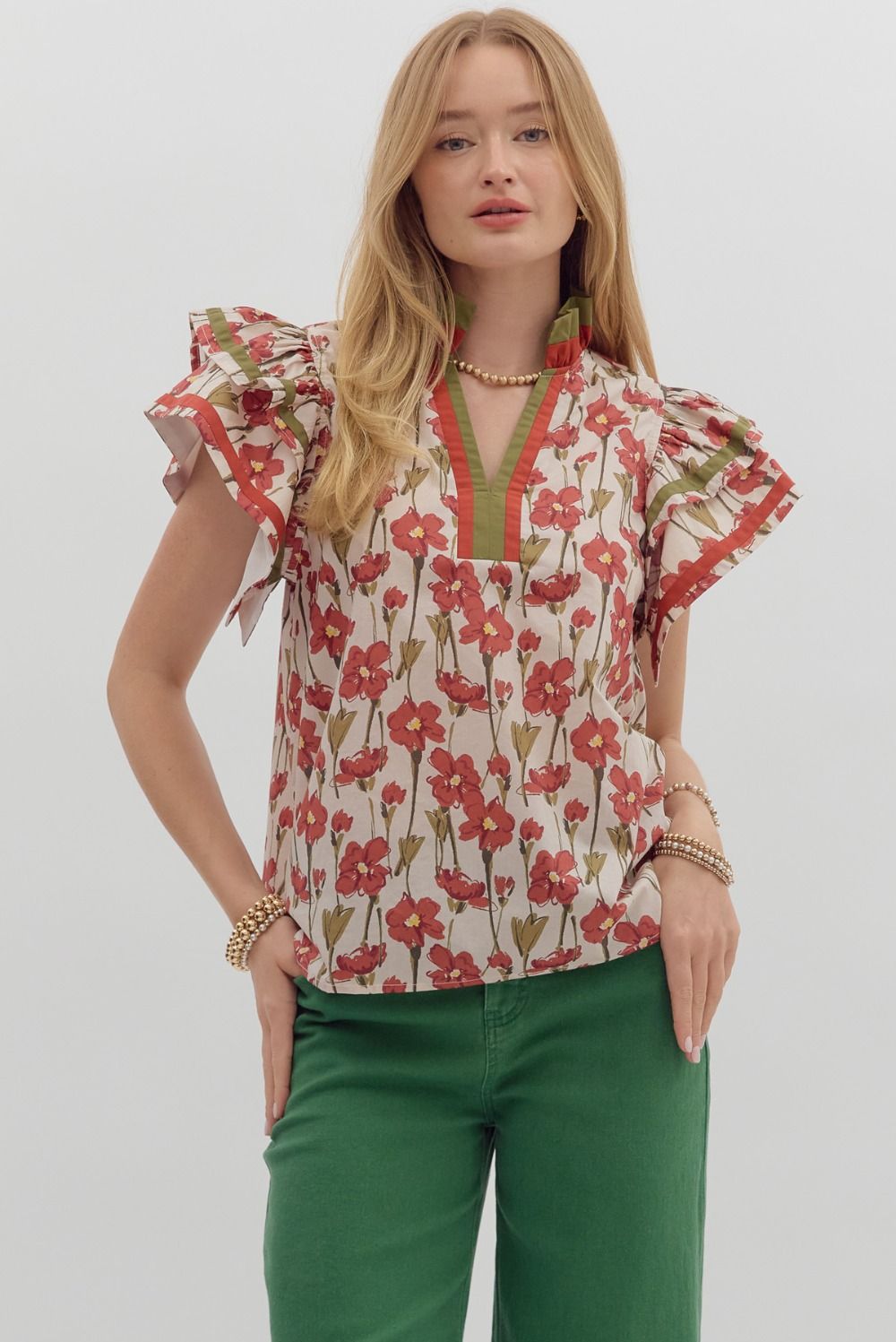 Floral Tiered Flutter Sleeve Top-clothing,Floral,Puff Sleeve,Ruffle Sleeve,Tops,V-Neck,Women,women's-S-[option4]-[option5]-[option6]-Bella Bliss Boutique in Texas
