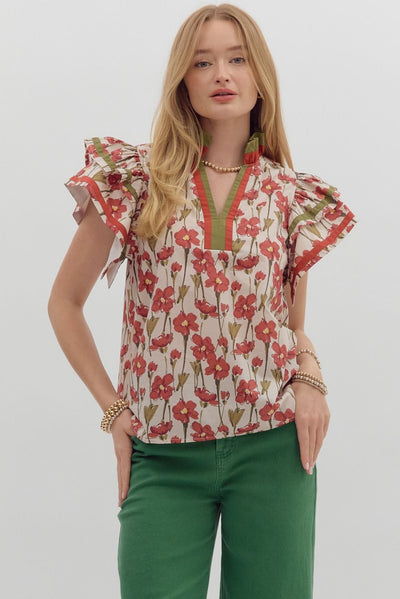 Floral Tiered Flutter Sleeve Top-clothing,Floral,Puff Sleeve,Ruffle Sleeve,Tops,V-Neck,Women,women's-S-[option4]-[option5]-[option6]-Bella Bliss Boutique in Texas