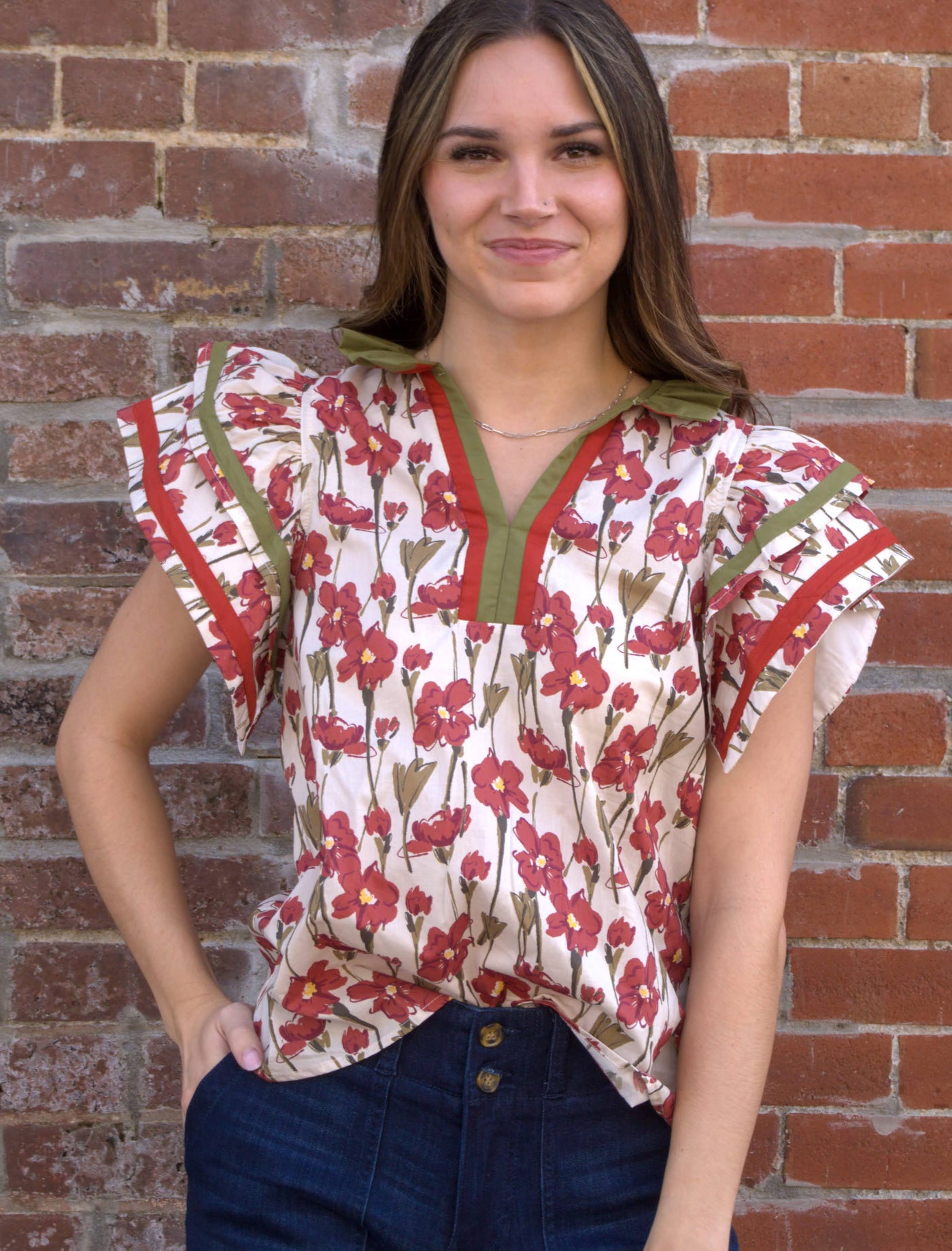 Floral Tiered Flutter Sleeve Top-clothing,Floral,Puff Sleeve,Ruffle Sleeve,Tops,V-Neck,Women,women's-[option4]-[option5]-[option6]-Bella Bliss Boutique in Texas