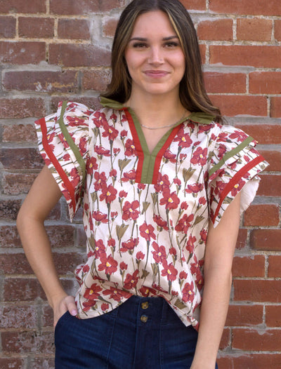 Floral Tiered Flutter Sleeve Top-clothing,Floral,Puff Sleeve,Ruffle Sleeve,Tops,V-Neck,Women,women's-[option4]-[option5]-[option6]-Bella Bliss Boutique in Texas