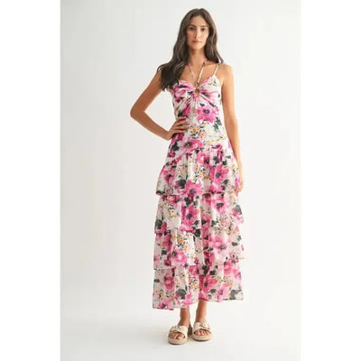Floral Tiered Maxi Dress-clothing,dresses,Floral,Floral Print,Fuchsia Multi,Lace Up Back,Maxi Dress,Tie Back,Tiered Dress,women's-S-[option4]-[option5]-[option6]-Bella Bliss Boutique in Texas