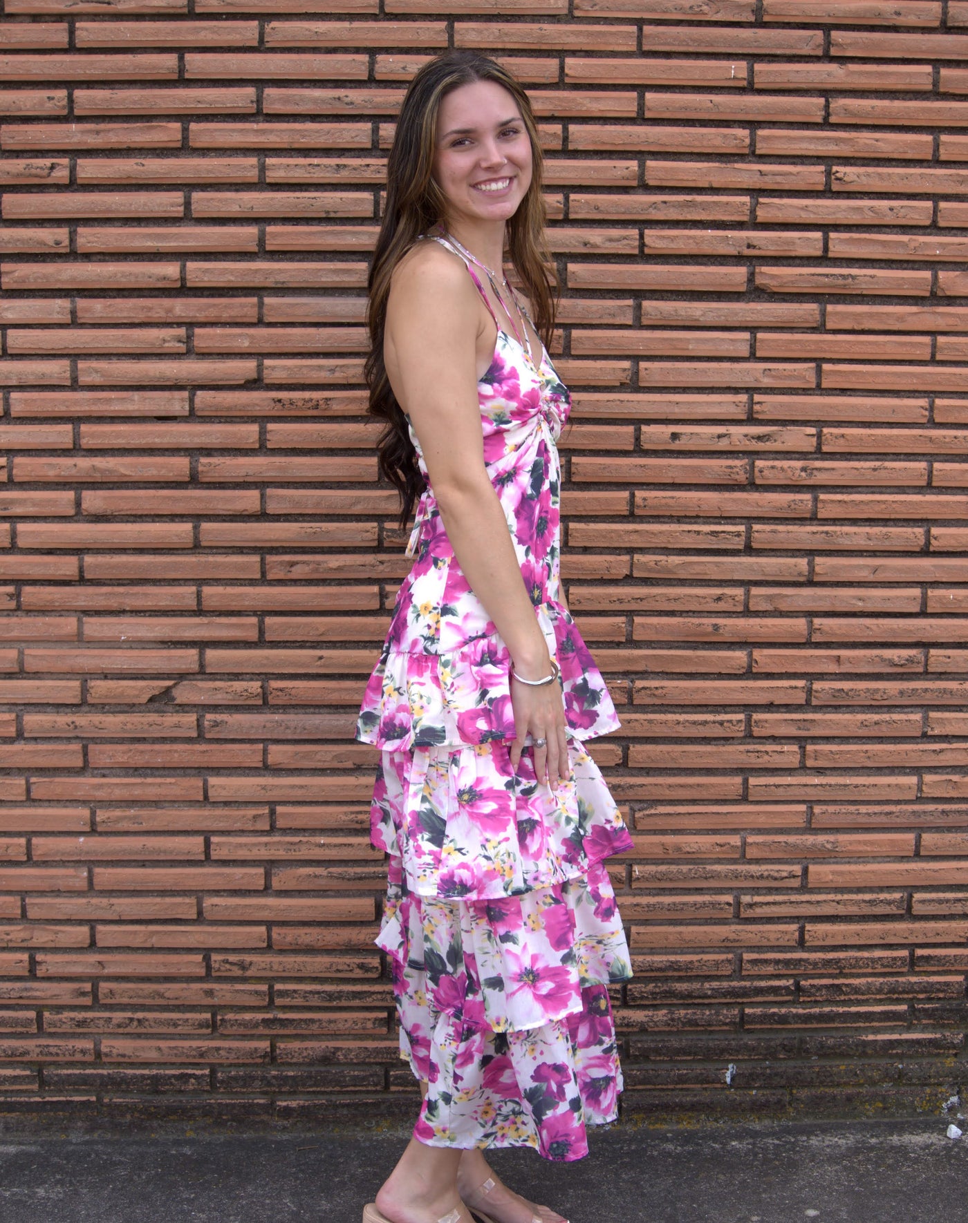 Floral Tiered Maxi Dress-clothing,dresses,Floral,Floral Print,Fuchsia Multi,Lace Up Back,Maxi Dress,Tie Back,Tiered Dress,women's-[option4]-[option5]-[option6]-Bella Bliss Boutique in Texas