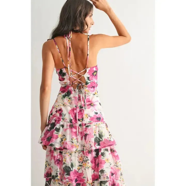 Floral Tiered Maxi Dress-clothing,dresses,Floral,Floral Print,Fuchsia Multi,Lace Up Back,Maxi Dress,Tie Back,Tiered Dress,women's-[option4]-[option5]-[option6]-Bella Bliss Boutique in Texas