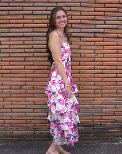 Floral Tiered Maxi Dress-clothing,dresses,Floral,Floral Print,Fuchsia Multi,Lace Up Back,Maxi Dress,Tie Back,Tiered Dress,women's-[option4]-[option5]-[option6]-Bella Bliss Boutique in Texas