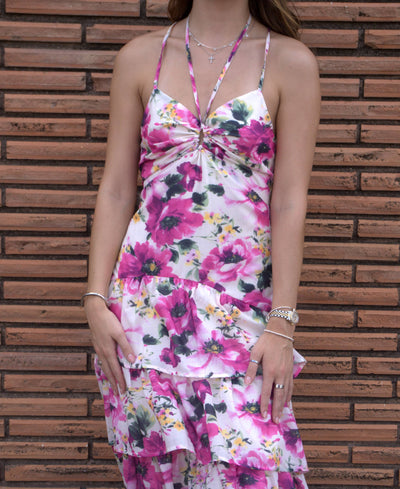 Floral Tiered Maxi Dress-clothing,dresses,Floral,Floral Print,Fuchsia Multi,Lace Up Back,Maxi Dress,Tie Back,Tiered Dress,women's-[option4]-[option5]-[option6]-Bella Bliss Boutique in Texas