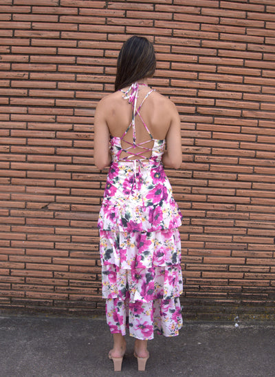 Floral Tiered Maxi Dress-clothing,dresses,Floral,Floral Print,Fuchsia Multi,Lace Up Back,Maxi Dress,Tie Back,Tiered Dress,women's-[option4]-[option5]-[option6]-Bella Bliss Boutique in Texas