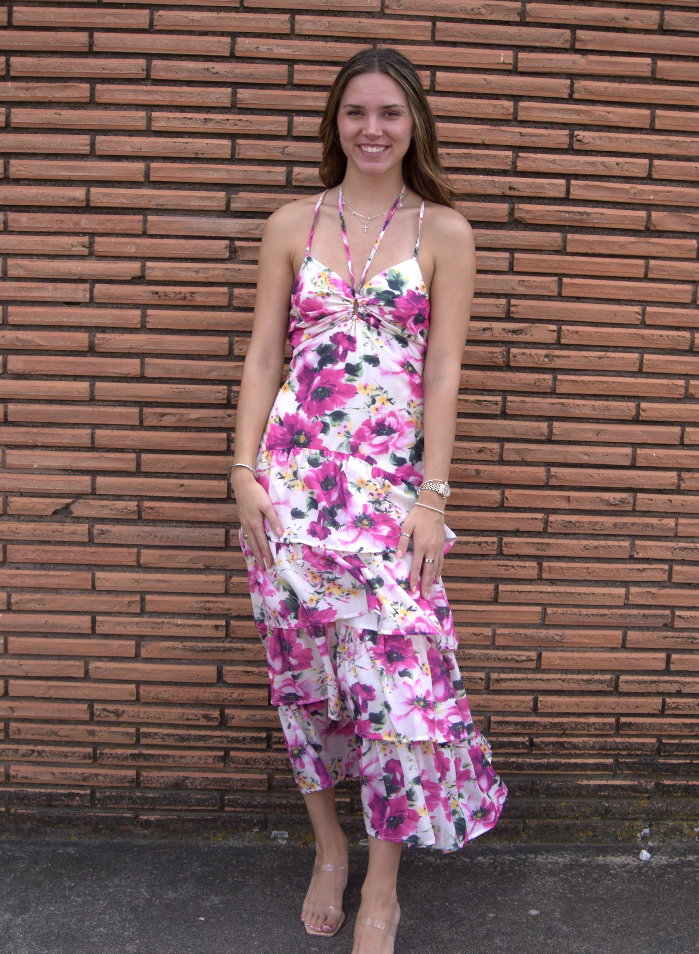 Floral Tiered Maxi Dress-clothing,dresses,Floral,Floral Print,Fuchsia Multi,Lace Up Back,Maxi Dress,Tie Back,Tiered Dress,women's-[option4]-[option5]-[option6]-Bella Bliss Boutique in Texas