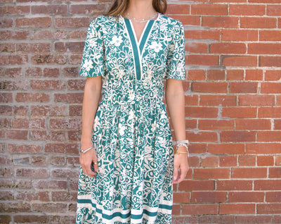 Floral Tiered Midi Dress-clothing,Contrast Detail,dress,dresses,Elastic Waist,Floral Print,green,Half Sleeve,Midi Dress,Tiered,Tiered Dress,Women,women's,Woven-[option4]-[option5]-[option6]-Bella Bliss Boutique in Texas