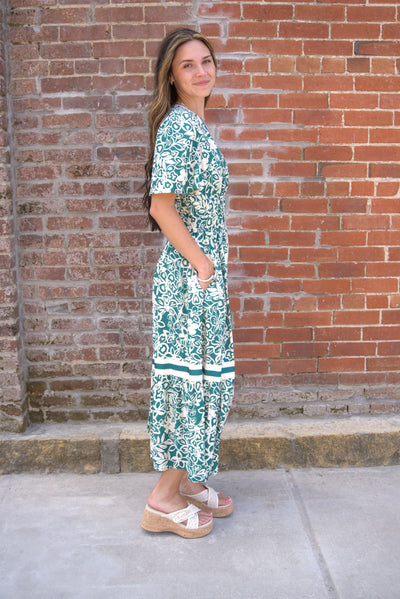 Floral Tiered Midi Dress-clothing,Contrast Detail,dress,dresses,Elastic Waist,Floral Print,green,Half Sleeve,Midi Dress,Tiered,Tiered Dress,Women,women's,Woven-[option4]-[option5]-[option6]-Bella Bliss Boutique in Texas