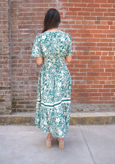 Floral Tiered Midi Dress-clothing,Contrast Detail,dress,dresses,Elastic Waist,Floral Print,green,Half Sleeve,Midi Dress,Tiered,Tiered Dress,Women,women's,Woven-[option4]-[option5]-[option6]-Bella Bliss Boutique in Texas