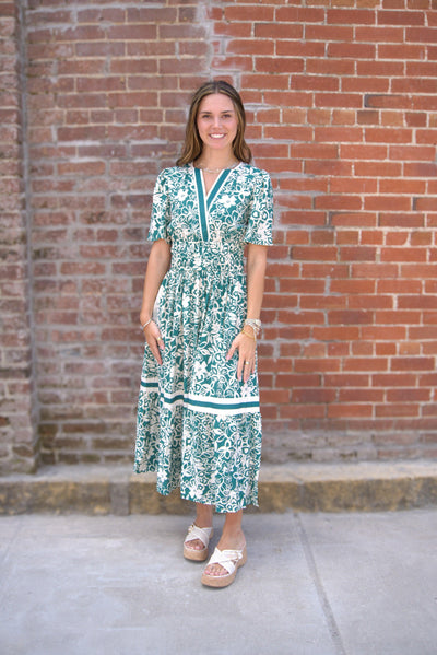 Floral Tiered Midi Dress-clothing,Contrast Detail,dress,dresses,Elastic Waist,Floral Print,green,Half Sleeve,Midi Dress,Tiered,Tiered Dress,Women,women's,Woven-[option4]-[option5]-[option6]-Bella Bliss Boutique in Texas