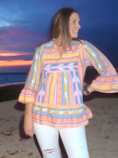 Flounce Sleeve Jacquard Stripe Top-clothing, Flounce Sleeve, Jacquard, Jacquard Stripe, Pink, Pink Multi, Ruffle Detail, Top, Tops, Women, women's-XS-[option4]-[option5]-[option6]-Bella Bliss Boutique in Texas