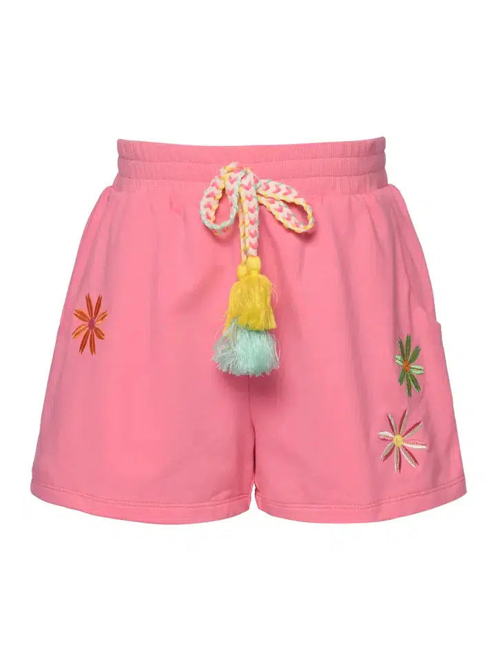 Flower Detail Tassel Tie Shorts-Bottoms, Children & Tweens, clothing, Flower, Flowers, Pink, shorts, Tassel Tie, Tween 7-14, Tweens 7-14-7-[option4]-[option5]-[option6]-Bella Bliss Boutique in Texas