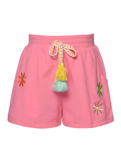 Flower Detail Tassel Tie Shorts-Bottoms,Children & Tweens,clothing,Flower,Flowers,Pink,shorts,Tassel Tie,Tween 7-14,Tweens 7-14-[option4]-[option5]-[option6]-Bella Bliss Boutique in Texas