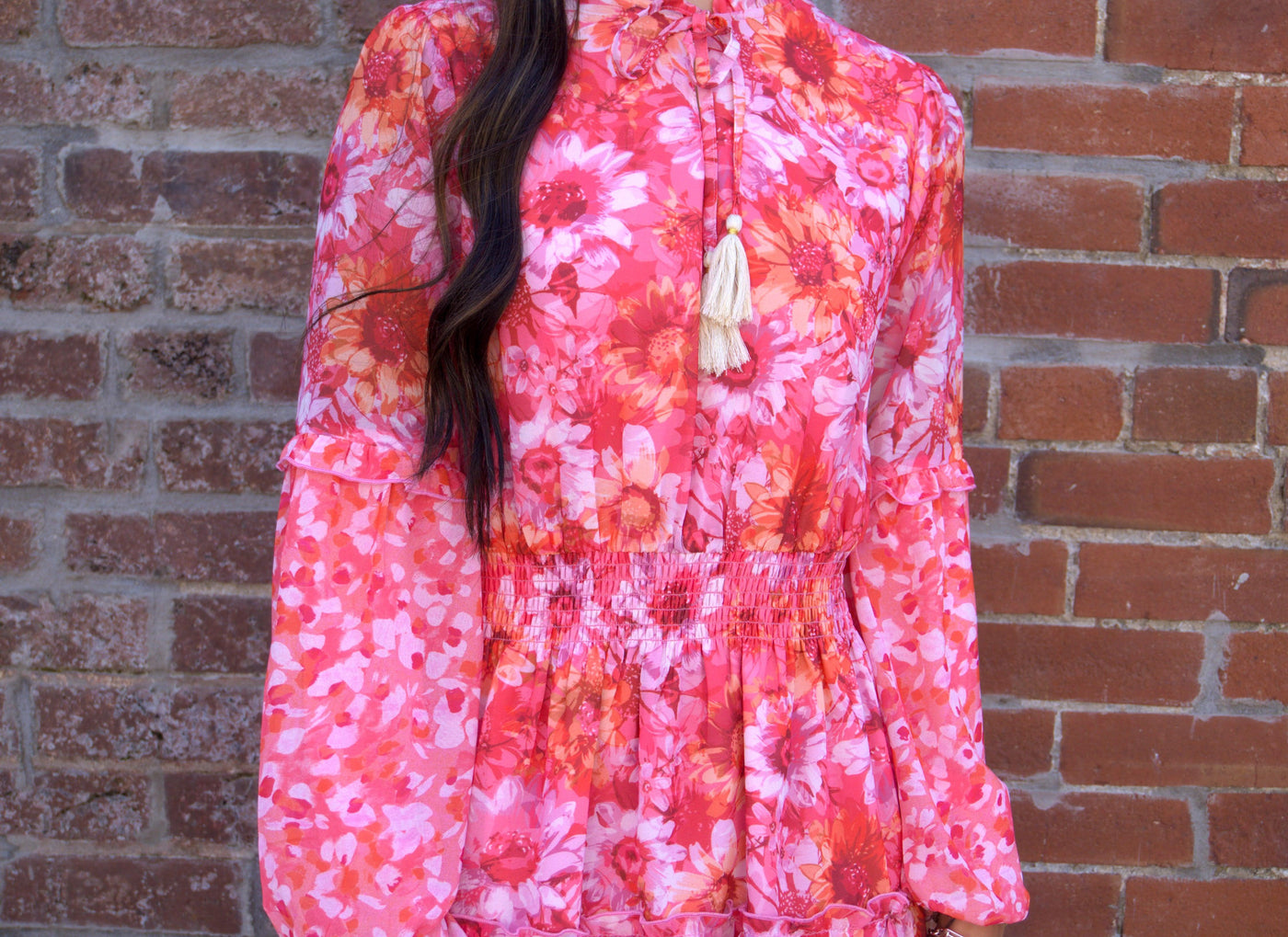 Flower Print Mini Dress-clothing,dress,dresses,Flower Print,Long Sleeve,Mini Dress,Pink,Sheer,Sheer Print,Tassel Tie,Women,women's-[option4]-[option5]-[option6]-Bella Bliss Boutique in Texas