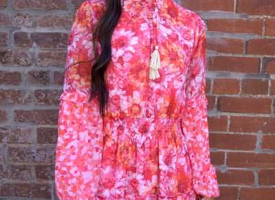 Flower Print Mini Dress-clothing,dress,dresses,Flower Print,Long Sleeve,Mini Dress,Pink,Sheer,Sheer Print,Tassel Tie,Women,women's-[option4]-[option5]-[option6]-Bella Bliss Boutique in Texas