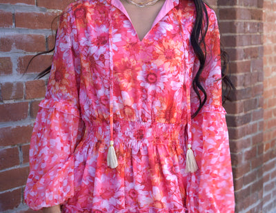 Flower Print Mini Dress-clothing,dress,dresses,Flower Print,Long Sleeve,Mini Dress,Pink,Sheer,Sheer Print,Tassel Tie,Women,women's-[option4]-[option5]-[option6]-Bella Bliss Boutique in Texas