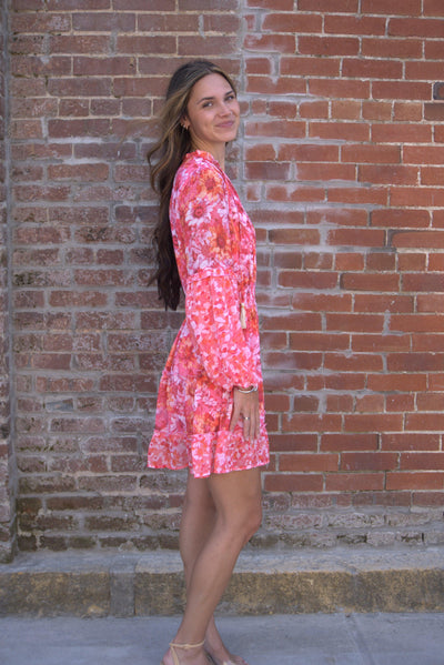 Flower Print Mini Dress-clothing,dress,dresses,Flower Print,Long Sleeve,Mini Dress,Pink,Sheer,Sheer Print,Tassel Tie,Women,women's-[option4]-[option5]-[option6]-Bella Bliss Boutique in Texas