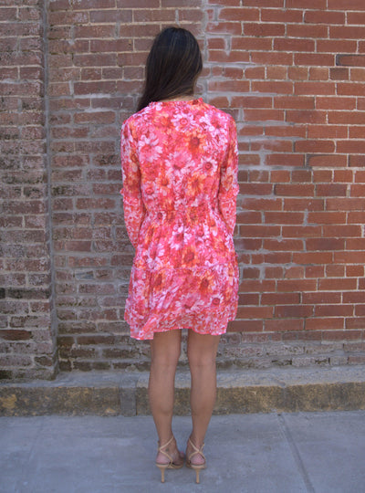 Flower Print Mini Dress-clothing,dress,dresses,Flower Print,Long Sleeve,Mini Dress,Pink,Sheer,Sheer Print,Tassel Tie,Women,women's-[option4]-[option5]-[option6]-Bella Bliss Boutique in Texas