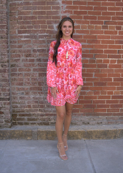 Flower Print Mini Dress-clothing,dress,dresses,Flower Print,Long Sleeve,Mini Dress,Pink,Sheer,Sheer Print,Tassel Tie,Women,women's-[option4]-[option5]-[option6]-Bella Bliss Boutique in Texas