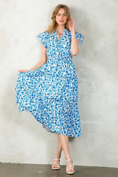 Flower Print Tiered Maxi Dress-Blue, clothing, dress, dresses, Flower Print, Maxi Dress, Tie Neck, Tiered, Women, women's-XS-[option4]-[option5]-[option6]-Bella Bliss Boutique in Texas
