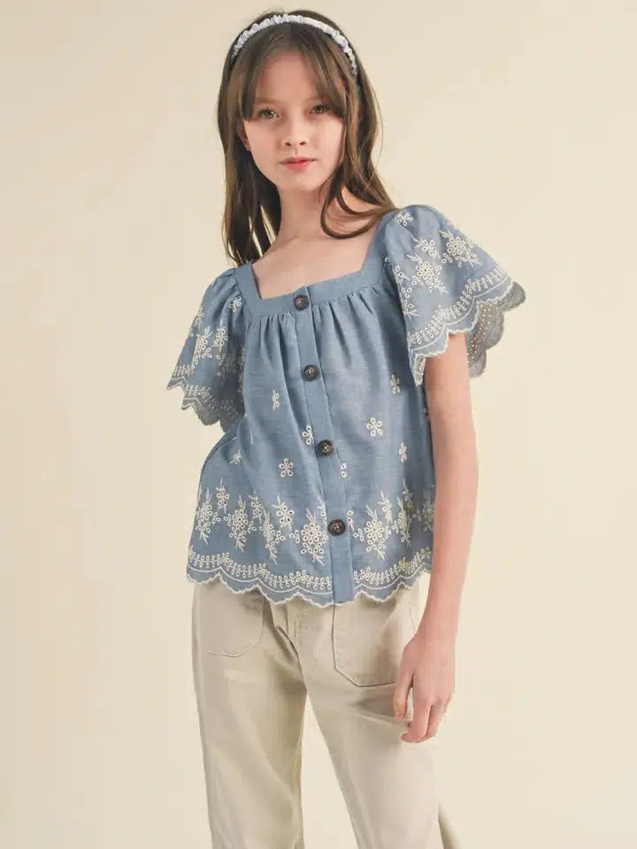 Flutter Sleeve Embroidered Top-Children & Tweens,clothing,embroidered,Embroidered Detail,Flutter Sleeve,Top,Tops,Tween 7-14,Tweens 7-14-[option4]-[option5]-[option6]-Bella Bliss Boutique in Texas