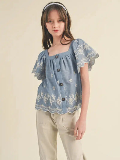 Flutter Sleeve Embroidered Top-Children & Tweens,clothing,embroidered,Embroidered Detail,Flutter Sleeve,Top,Tops,Tween 7-14,Tweens 7-14-[option4]-[option5]-[option6]-Bella Bliss Boutique in Texas