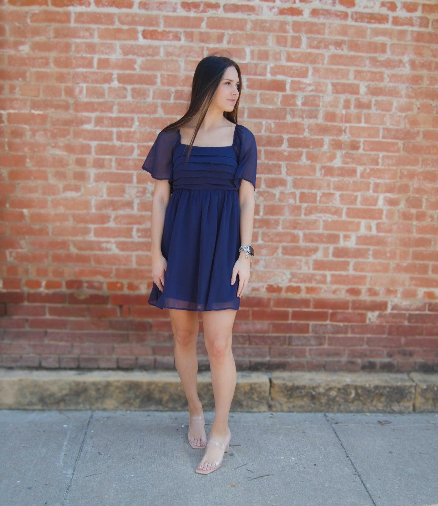 Flutter Sleeve Yoryu Chiffon Dress-Chiffon,clothing,dress,dresses,Flutter Sleeve,Mini Dress,navy,navy blue,Ruched,Ruched Bodice,Smocked Back,Square Neck,Square Neckline,Women,women's,Yoryu Chiffon-S-[option4]-[option5]-[option6]-Bella Bliss Boutique in Texas