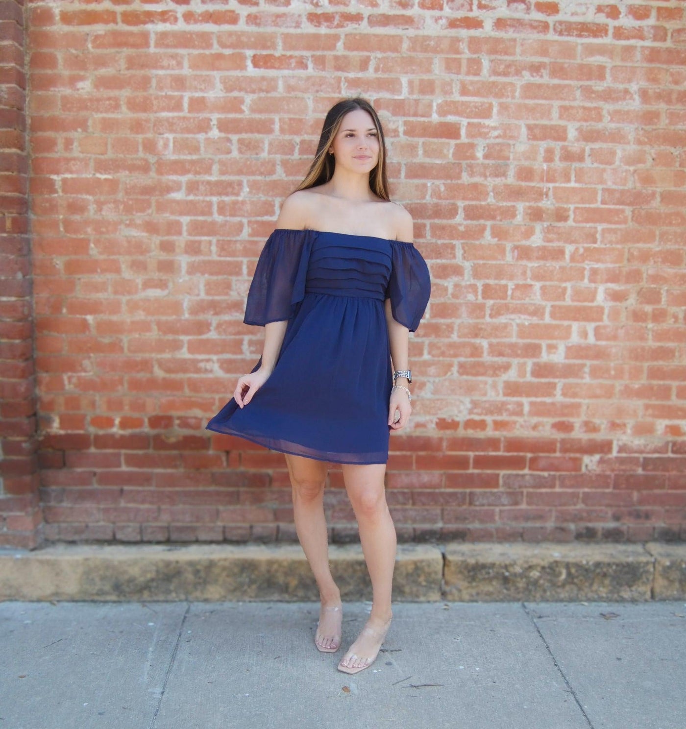 Flutter Sleeve Yoryu Chiffon Dress-Chiffon,clothing,dress,dresses,Flutter Sleeve,Mini Dress,navy,navy blue,Ruched,Ruched Bodice,Smocked Back,Square Neck,Square Neckline,Women,women's,Yoryu Chiffon-[option4]-[option5]-[option6]-Bella Bliss Boutique in Texas