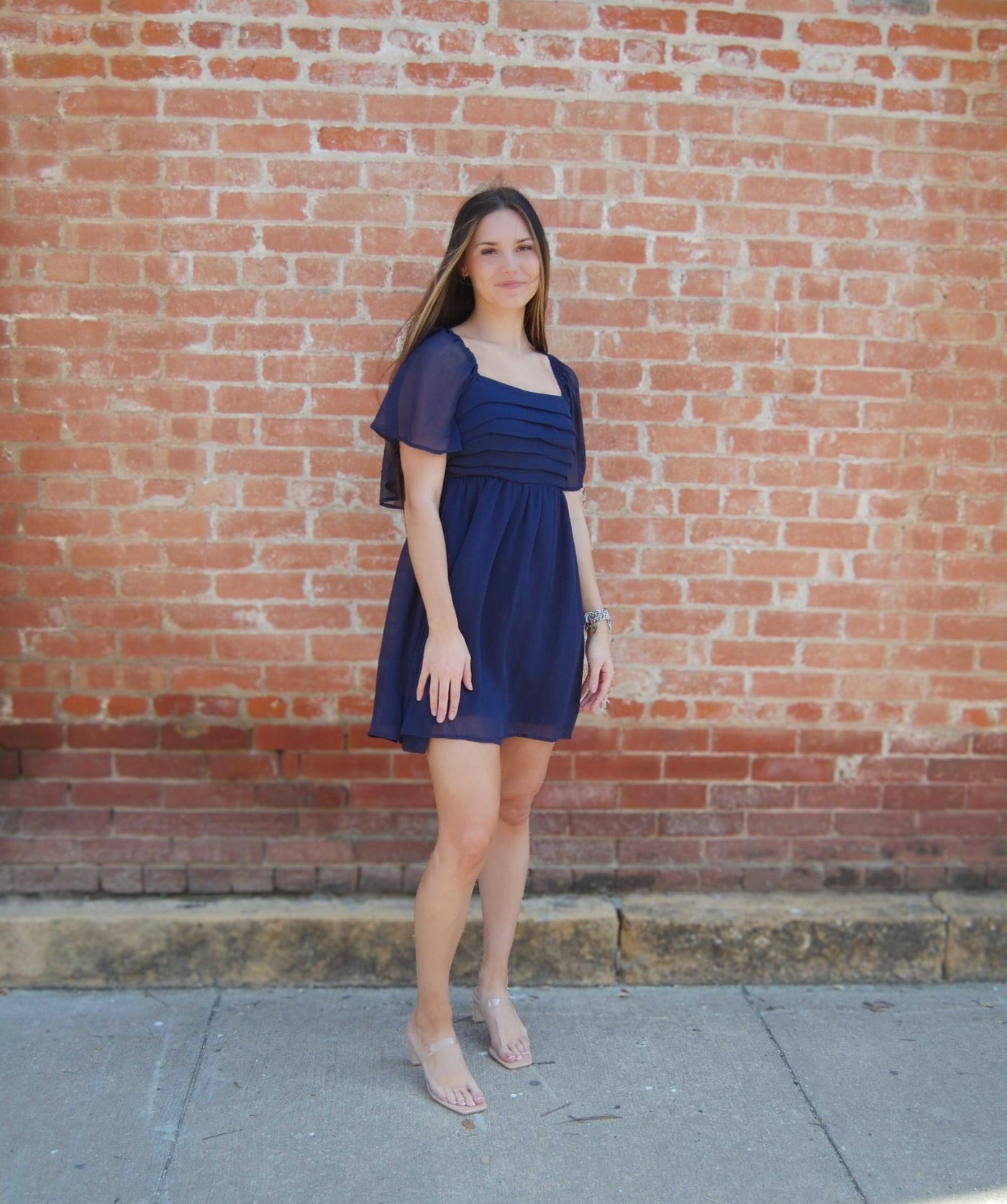 Flutter Sleeve Yoryu Chiffon Dress-Chiffon,clothing,dress,dresses,Flutter Sleeve,Mini Dress,navy,navy blue,Ruched,Ruched Bodice,Smocked Back,Square Neck,Square Neckline,Women,women's,Yoryu Chiffon-[option4]-[option5]-[option6]-Bella Bliss Boutique in Texas