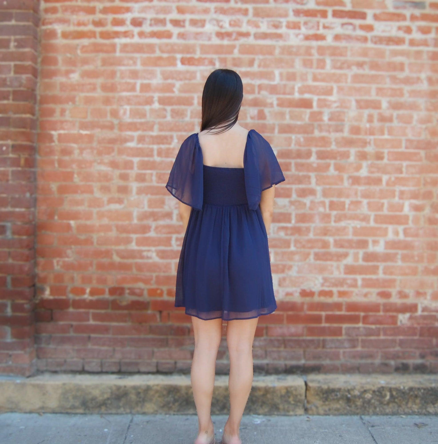 Flutter Sleeve Yoryu Chiffon Dress-Chiffon,clothing,dress,dresses,Flutter Sleeve,Mini Dress,navy,navy blue,Ruched,Ruched Bodice,Smocked Back,Square Neck,Square Neckline,Women,women's,Yoryu Chiffon-[option4]-[option5]-[option6]-Bella Bliss Boutique in Texas