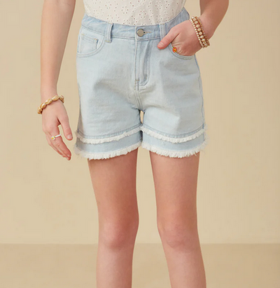 Fray Hem Denim Shorts-Bottoms,Chidrens/Tweens,denim,Fray Hem,Fray Hem Detail,light blue,Sale,shorts,tween,Tweens 7-14-[option4]-[option5]-[option6]-Bella Bliss Boutique in Texas