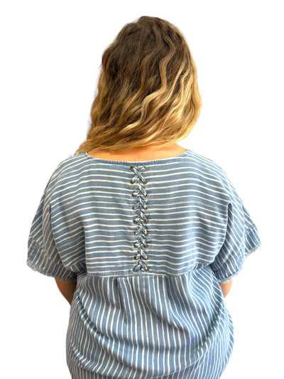 Frayed Edge Chambray Top-Chambray, clothing, Denim Stripe, Frayed Edge, Lace Up Detail, Sale, Top, Tops, Women, women's-[option4]-[option5]-[option6]-Bella Bliss Boutique in Texas