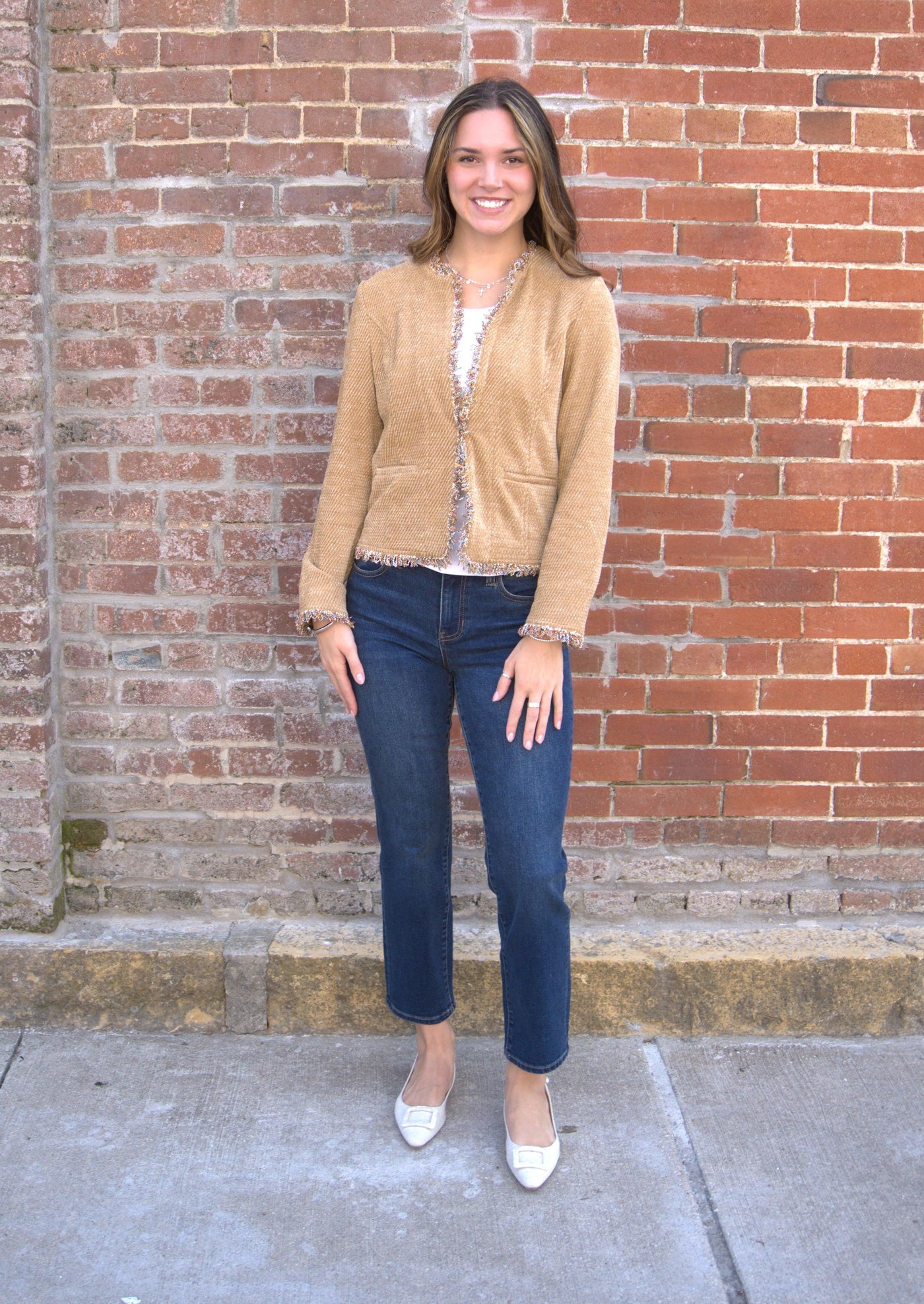 Frayed Edge Collarless Jacket-clothing,Coats & Jackets,Collarless,Fray Detail,Frayed Edge,Honey,jacket,Outerwear,Women,women's-[option4]-[option5]-[option6]-Bella Bliss Boutique in Texas