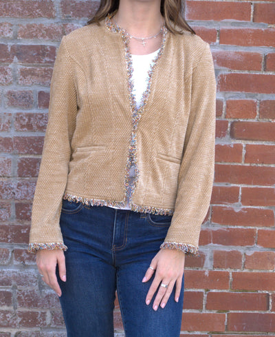 Frayed Edge Collarless Jacket-clothing,Coats & Jackets,Collarless,Fray Detail,Frayed Edge,Honey,jacket,Outerwear,Women,women's-[option4]-[option5]-[option6]-Bella Bliss Boutique in Texas