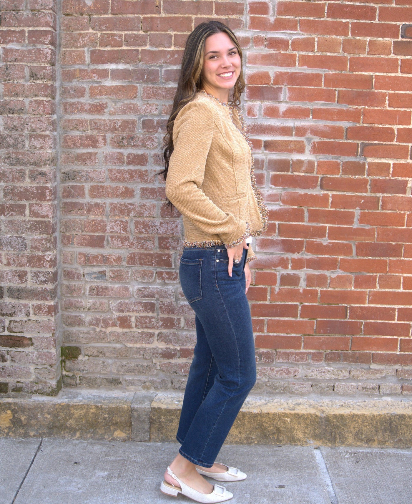 Frayed Edge Collarless Jacket-clothing,Coats & Jackets,Collarless,Fray Detail,Frayed Edge,Honey,jacket,Outerwear,Women,women's-[option4]-[option5]-[option6]-Bella Bliss Boutique in Texas