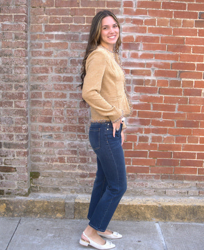 Frayed Edge Collarless Jacket-clothing,Coats & Jackets,Collarless,Fray Detail,Frayed Edge,Honey,jacket,Outerwear,Women,women's-[option4]-[option5]-[option6]-Bella Bliss Boutique in Texas