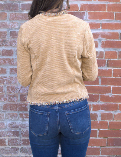 Frayed Edge Collarless Jacket-clothing,Coats & Jackets,Collarless,Fray Detail,Frayed Edge,Honey,jacket,Outerwear,Women,women's-[option4]-[option5]-[option6]-Bella Bliss Boutique in Texas