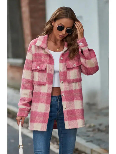 Fuzzy Plaid Button Down Shacket-clothing, Coats & Jackets, Cream, jacket, Outerwear, Pink, plaid, Shacket, Top, Tops, Women, women's-S-[option4]-[option5]-[option6]-Bella Bliss Boutique in Texas