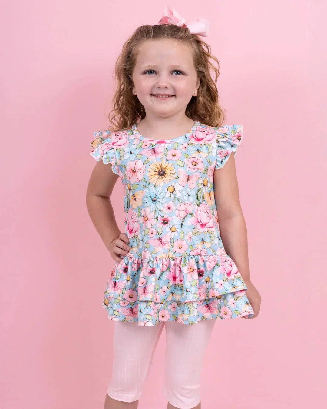 Garden Elegance Capri Set-Bottoms,Butterfly,Butterfly Floral,Capri,Capri Set,Children & Tweens,children's,clothing,Floral,Floral Print,Infant to 6,Outfit,Pink,plaid,set,Top,Tops-[option4]-[option5]-[option6]-Bella Bliss Boutique in Texas