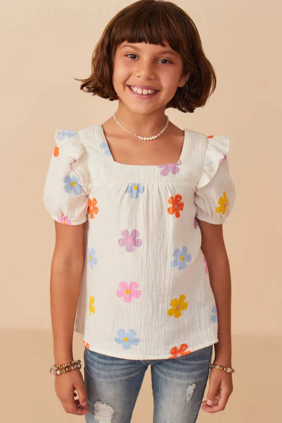 Gauze Textured Top-Children & Tweens, clothing, Floral, Floral Print, Gauze Textured, Ivory, Square Neck, Top, Tops, Tween 7-14, Tweens 7-14-S-[option4]-[option5]-[option6]-Bella Bliss Boutique in Texas