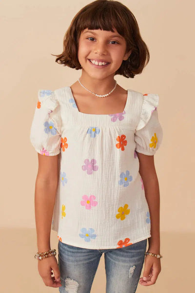 Gauze Textured Top-Children & Tweens,clothing,Floral,Floral Print,Gauze Textured,Ivory,Sale,Square Neck,Top,Tops,Tween 7-14,Tweens 7-14-[option4]-[option5]-[option6]-Bella Bliss Boutique in Texas