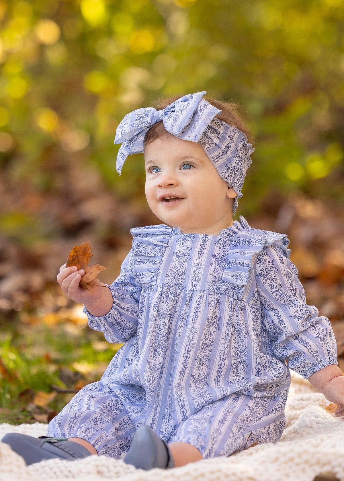 Georgina Romper-Blue,Bow Headband,Children & Tween,Children & Tweens,children's,clothing,Floral,Infant to 6,Jumpsuits & Rompers,Long Sleeve,mabel + honey,Rompers,Ruffle Detail,Striped,White-3M-[option4]-[option5]-[option6]-Bella Bliss Boutique in Texas