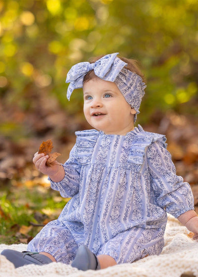 Georgina Romper-Blue,Bow Headband,Children & Tween,Children & Tweens,children's,clothing,Floral,Infant to 6,Jumpsuits & Rompers,Long Sleeve,mabel + honey,Rompers,Ruffle Detail,Striped,White-3M-[option4]-[option5]-[option6]-Bella Bliss Boutique in Texas